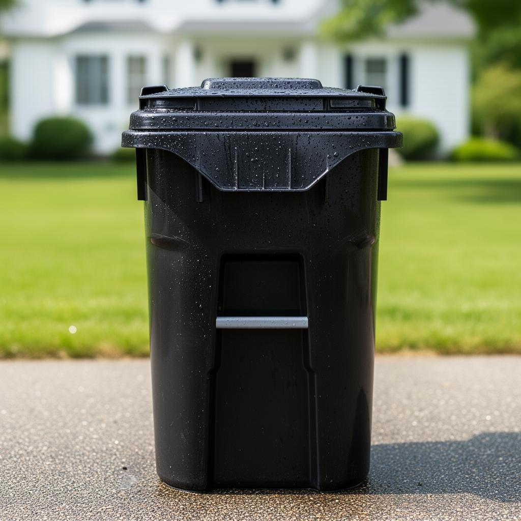 Same residential black wheelie trash bin, freshly washed and spotless after Clean Canz service