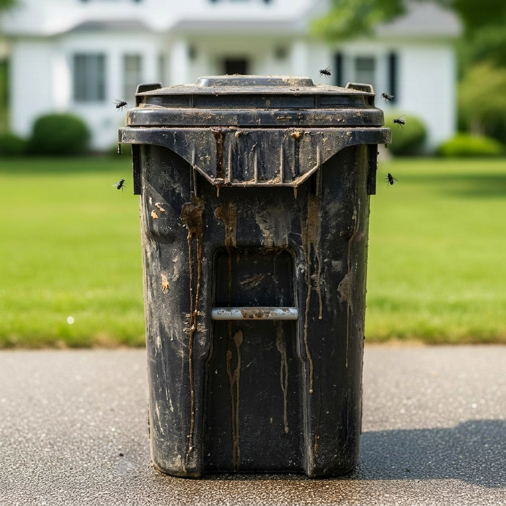 Filthy residential black wheelie trash bin with stains and flies before Clean Canz service